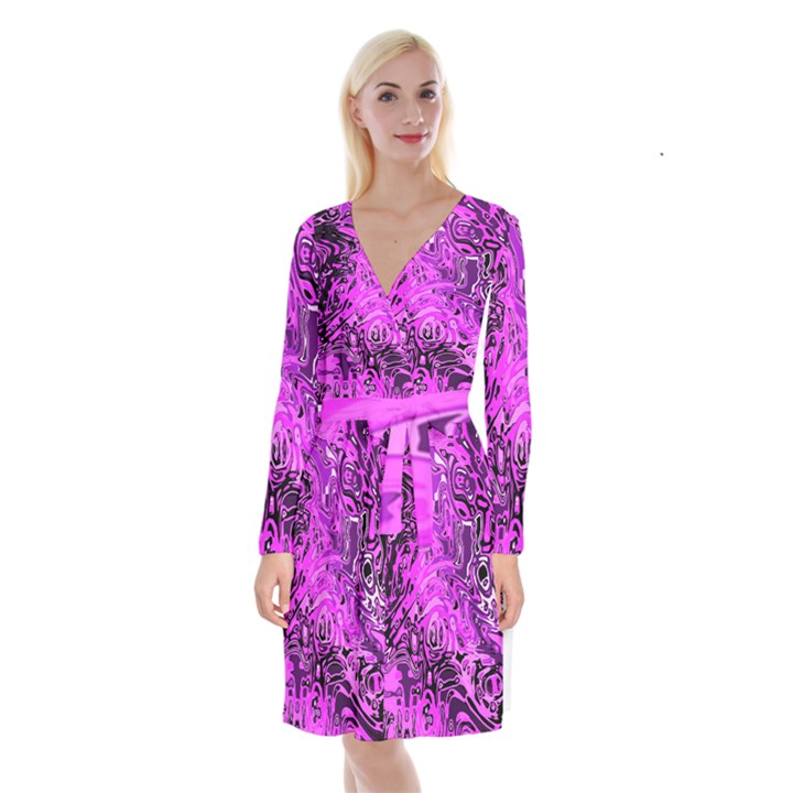 Magenta Black Abstract Art Long Sleeve Velvet Front Wrap Dress