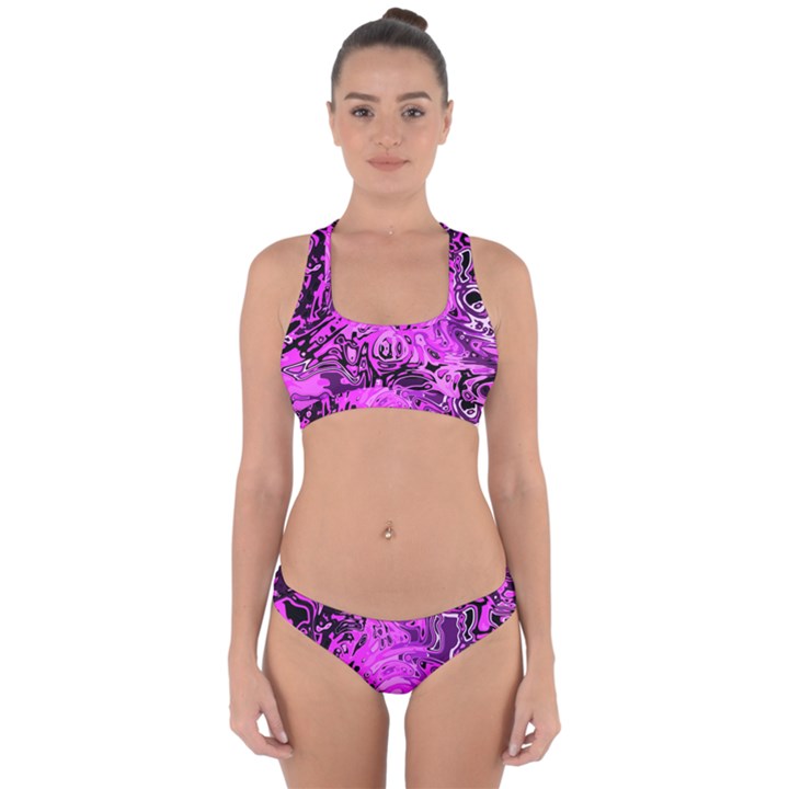 Magenta Black Abstract Art Cross Back Hipster Bikini Set