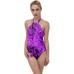 Magenta Black Abstract Art Go With The Flow One Piece Swimsuit by SpinnyChairDesigns