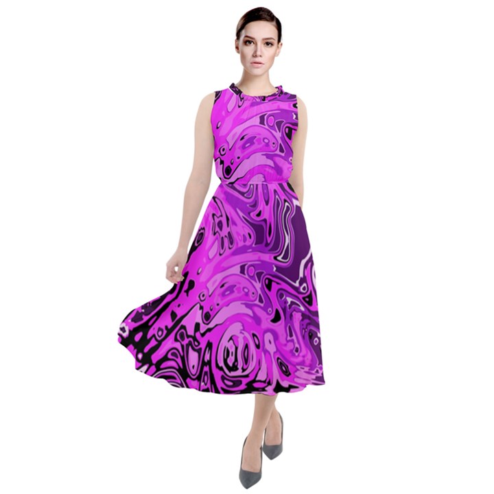 Magenta Black Abstract Art Round Neck Boho Dress