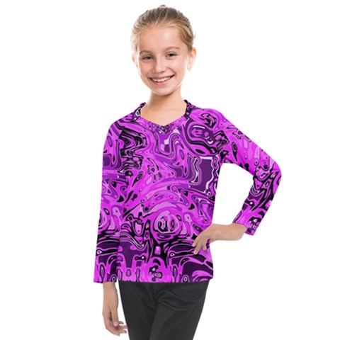 Magenta Black Abstract Art Kids  Long Mesh Tee by SpinnyChairDesigns