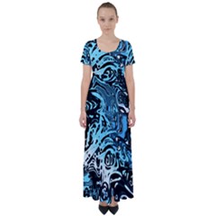 Black Blue White Abstract Art High Waist Short Sleeve Maxi Dress by SpinnyChairDesigns