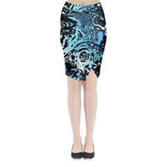 Black Blue White Abstract Art Midi Wrap Pencil Skirt by SpinnyChairDesigns