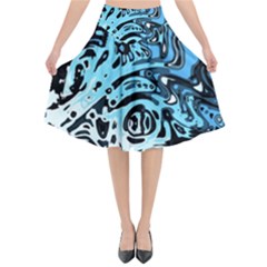 Black Blue White Abstract Art Flared Midi Skirt by SpinnyChairDesigns