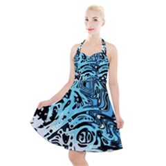 Black Blue White Abstract Art Halter Party Swing Dress  by SpinnyChairDesigns