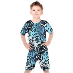 Black Blue White Abstract Art Kids  Tee And Shorts Set by SpinnyChairDesigns