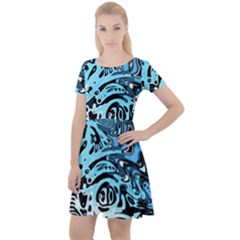 Black Blue White Abstract Art Cap Sleeve Velour Dress  by SpinnyChairDesigns