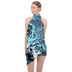 Black Blue White Abstract Art Halter Asymmetric Satin Top by SpinnyChairDesigns