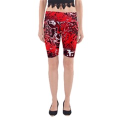 Red Black Abstract Art Yoga Cropped Leggings by SpinnyChairDesigns