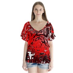 Red Black Abstract Art V-neck Flutter Sleeve Top by SpinnyChairDesigns