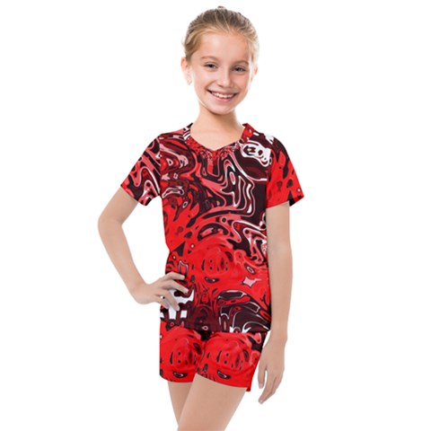 Red Black Abstract Art Kids  Mesh Tee And Shorts Set by SpinnyChairDesigns