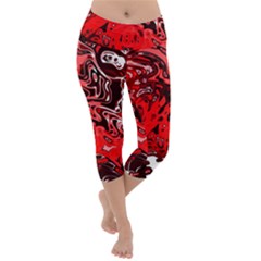 Red Black Abstract Art Lightweight Velour Capri Yoga Leggings by SpinnyChairDesigns