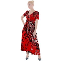 Red Black Abstract Art Button Up Short Sleeve Maxi Dress by SpinnyChairDesigns