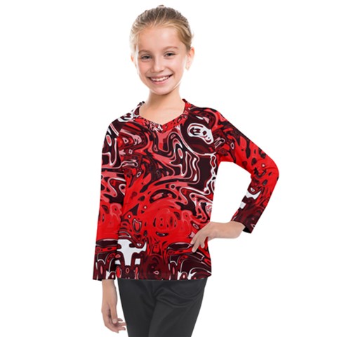 Red Black Abstract Art Kids  Long Mesh Tee by SpinnyChairDesigns