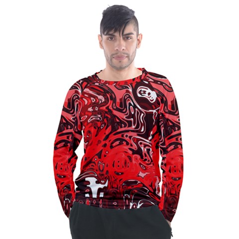 Red Black Abstract Art Men s Long Sleeve Raglan Tee by SpinnyChairDesigns