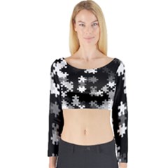 Black And White Jigsaw Puzzle Pattern Long Sleeve Crop Top by SpinnyChairDesigns