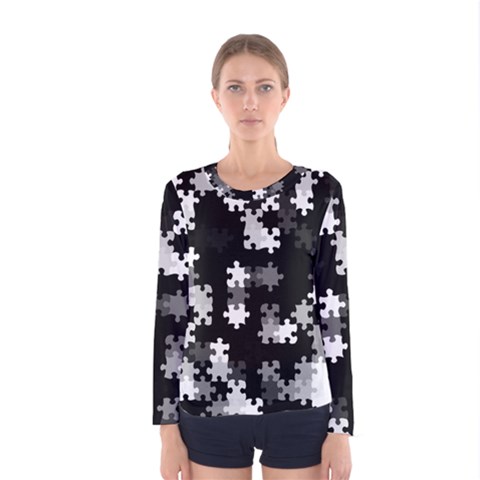 Black And White Jigsaw Puzzle Pattern Women s Long Sleeve Tee by SpinnyChairDesigns