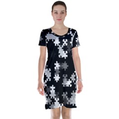 Black And White Jigsaw Puzzle Pattern Short Sleeve Nightdress by SpinnyChairDesigns