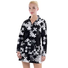 Black and White Jigsaw Puzzle Pattern Women s Long Sleeve Casual Dress