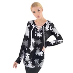 Black And White Jigsaw Puzzle Pattern Tie Up Tee by SpinnyChairDesigns