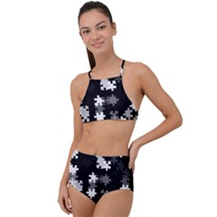 Black and White Jigsaw Puzzle Pattern High Waist Tankini Set