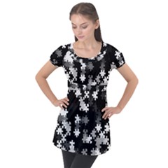 Black and White Jigsaw Puzzle Pattern Puff Sleeve Tunic Top