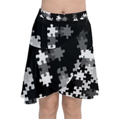 Black And White Jigsaw Puzzle Pattern Chiffon Wrap Front Skirt by SpinnyChairDesigns