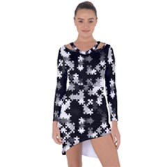 Black and White Jigsaw Puzzle Pattern Asymmetric Cut-Out Shift Dress