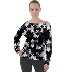 Black and White Jigsaw Puzzle Pattern Off Shoulder Long Sleeve Velour Top