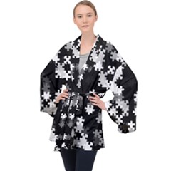 Black And White Jigsaw Puzzle Pattern Long Sleeve Velvet Kimono  by SpinnyChairDesigns