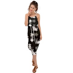 Black and White Jigsaw Puzzle Pattern Waist Tie Cover Up Chiffon Dress