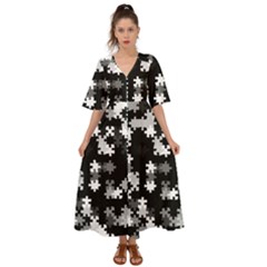 Black and White Jigsaw Puzzle Pattern Kimono Sleeve Boho Dress