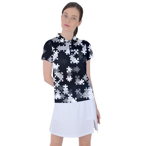 Black And White Jigsaw Puzzle Pattern Women s Polo Tee by SpinnyChairDesigns