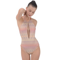 Boho Soft Peach Pattern Plunge Cut Halter Swimsuit by SpinnyChairDesigns