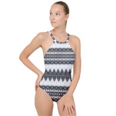 Boho Black And White  High Neck One Piece Swimsuit by SpinnyChairDesigns