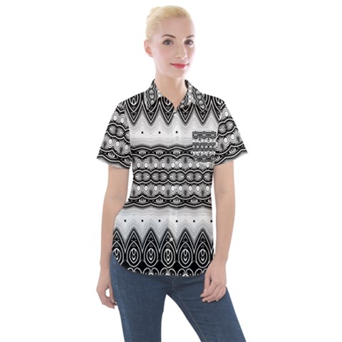 Boho Black And White  Women s Short Sleeve Pocket Shirt by SpinnyChairDesigns