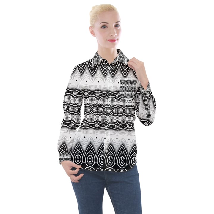 Boho Black And White  Women s Long Sleeve Pocket Shirt