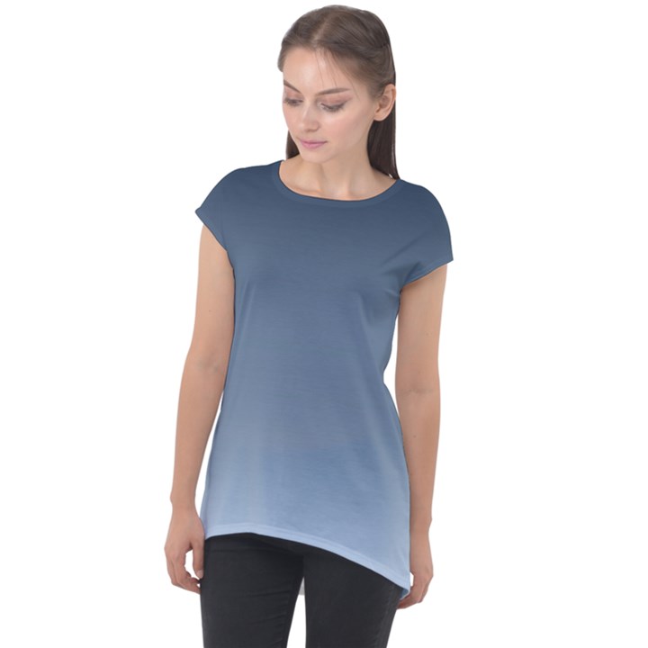 Faded Denim Blue Ombre Gradient Cap Sleeve High Low Top