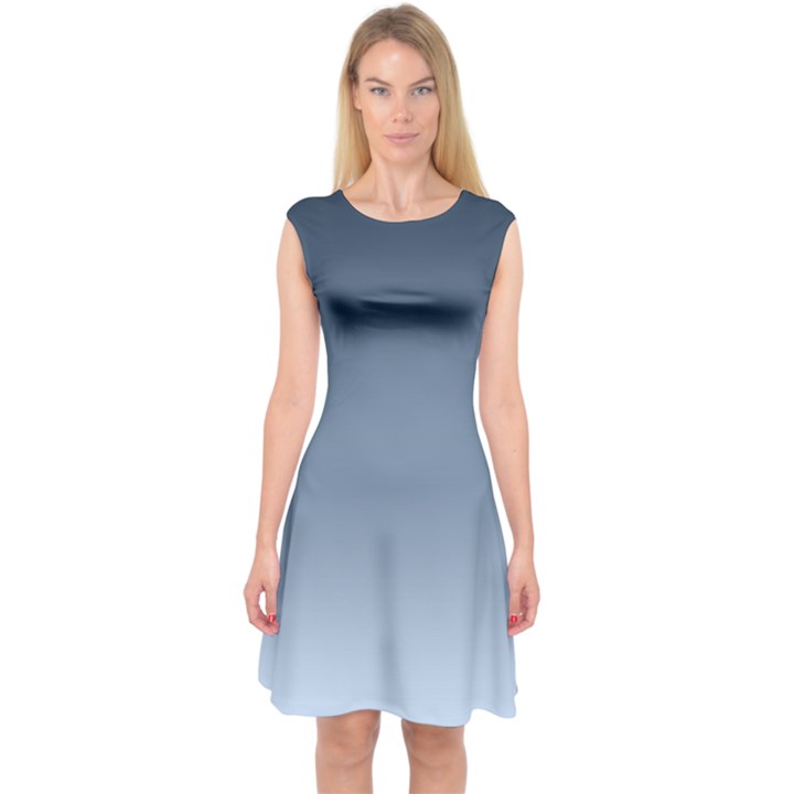 Faded Denim Blue Ombre Gradient Capsleeve Midi Dress