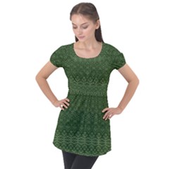 Boho Fern Green Pattern Puff Sleeve Tunic Top by SpinnyChairDesigns