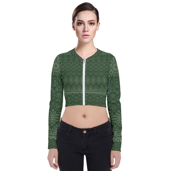 Boho Fern Green Pattern Long Sleeve Zip Up Bomber Jacket