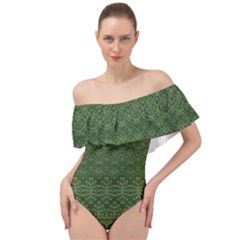 Boho Fern Green Pattern Off Shoulder Velour Bodysuit  by SpinnyChairDesigns