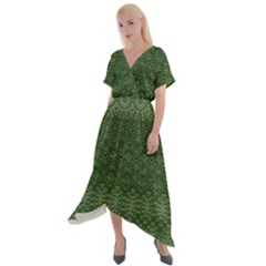 Boho Fern Green Pattern Cross Front Sharkbite Hem Maxi Dress by SpinnyChairDesigns