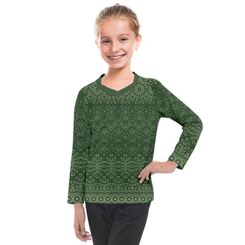 Boho Fern Green Pattern Kids  Long Mesh Tee by SpinnyChairDesigns