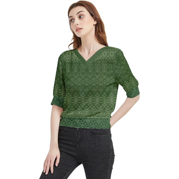 Boho Fern Green Pattern Quarter Sleeve Blouse