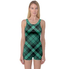 Biscay Green Black Plaid One Piece Boyleg Swimsuit by SpinnyChairDesigns