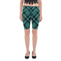 Biscay Green Black Plaid Yoga Cropped Leggings by SpinnyChairDesigns