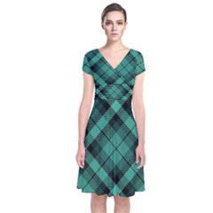 Biscay Green Black Plaid Short Sleeve Front Wrap Dress by SpinnyChairDesigns