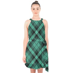 Biscay Green Black Plaid Halter Collar Waist Tie Chiffon Dress by SpinnyChairDesigns