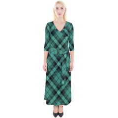 Biscay Green Black Plaid Quarter Sleeve Wrap Maxi Dress by SpinnyChairDesigns